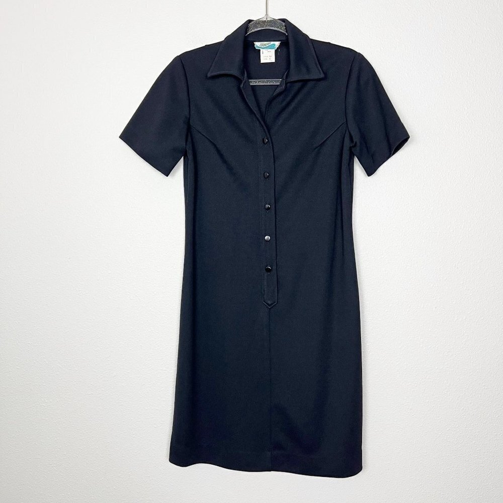 Vintage Penneys Hawaii Black Mod Retro Short Sleeve Collar Midi Dress Womens 10